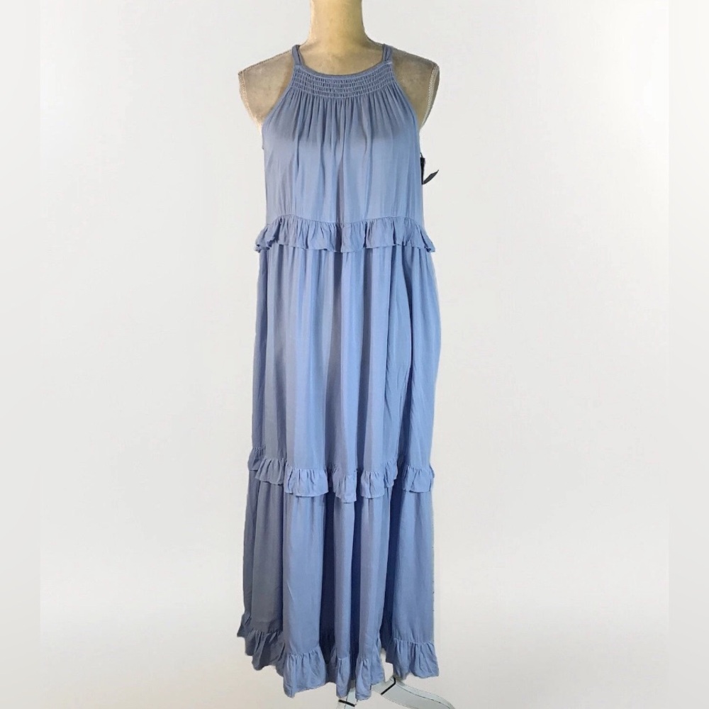 Sleeveless Ruffle Tiered Maxi Dress in Light Blue